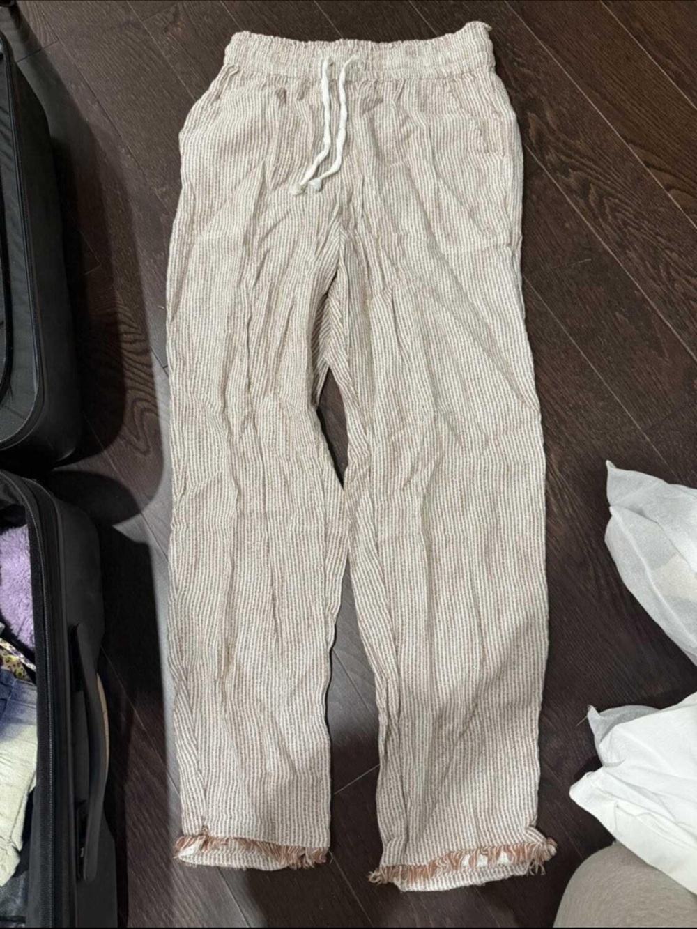Casual Drawstring Linen Blend Pants - Brown/Cream Striped